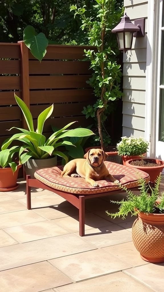 A dog lounging on an elevated bed surrounded by plants on a patio.