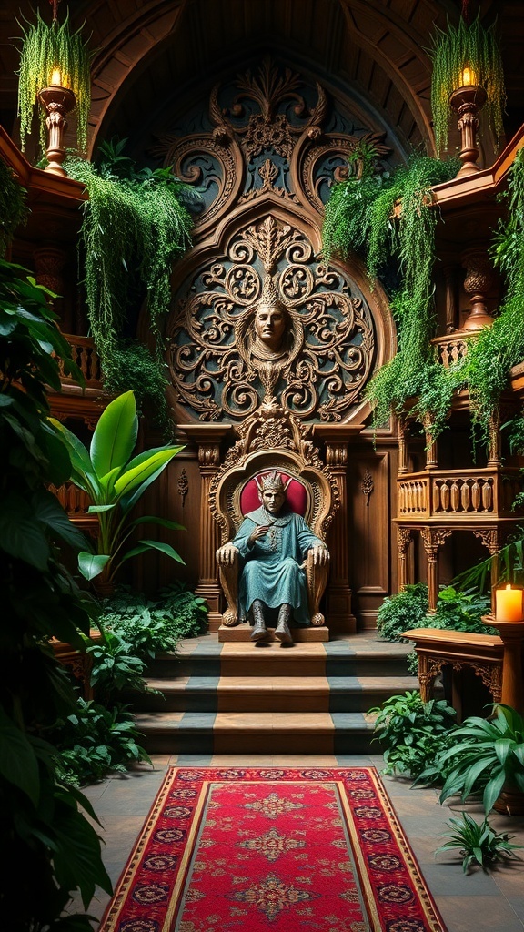 A beautifully designed throne room with lush greenery, intricate carvings, and a grand throne.