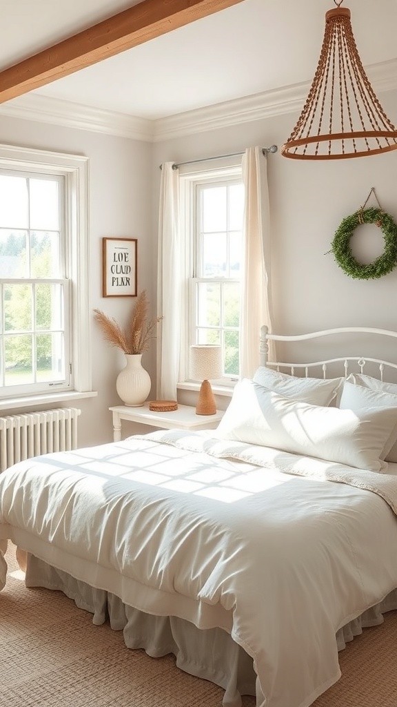 A serene bedroom featuring neutral tones, a cozy bed, and natural decor elements.