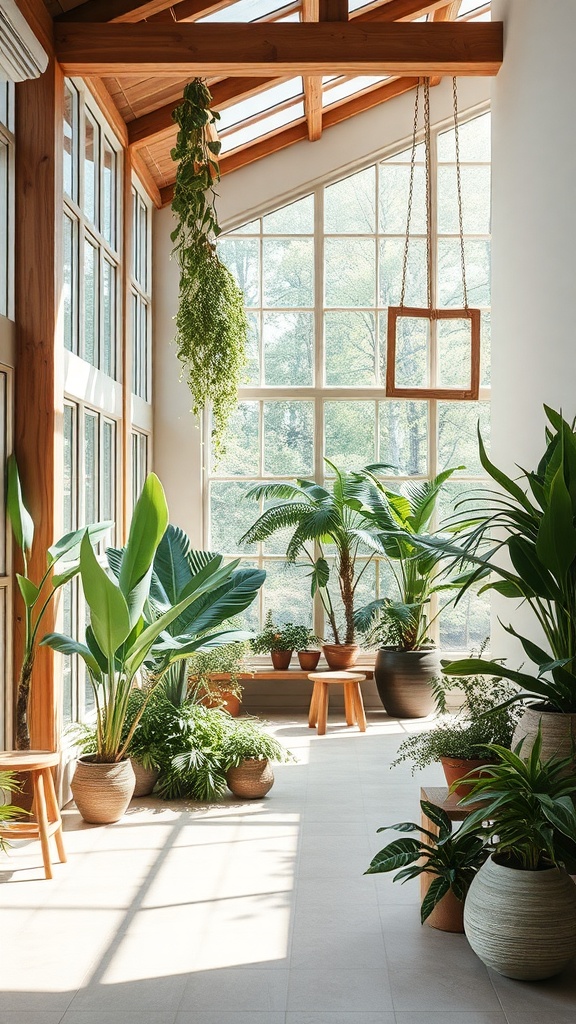 A bright indoor space filled with various plants, large windows, and wooden furniture, showcasing biophilic design.