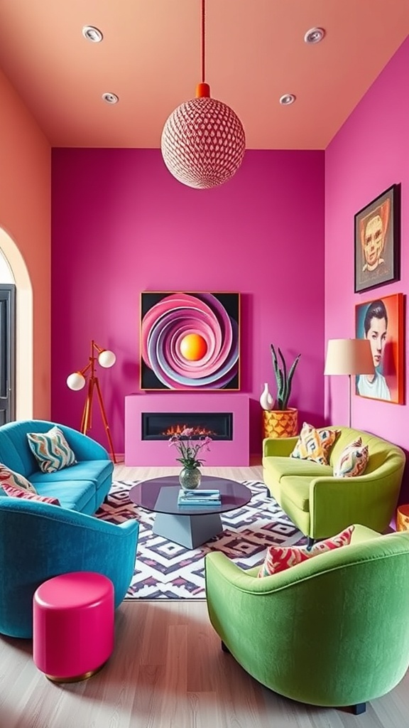 A vibrant living room featuring pink walls, green and blue chairs, and colorful decor.