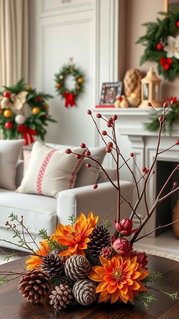 A cozy living room decorated with natural elements, featuring a floral arrangement with pinecones and vibrant flowers, alongside festive wreaths.
