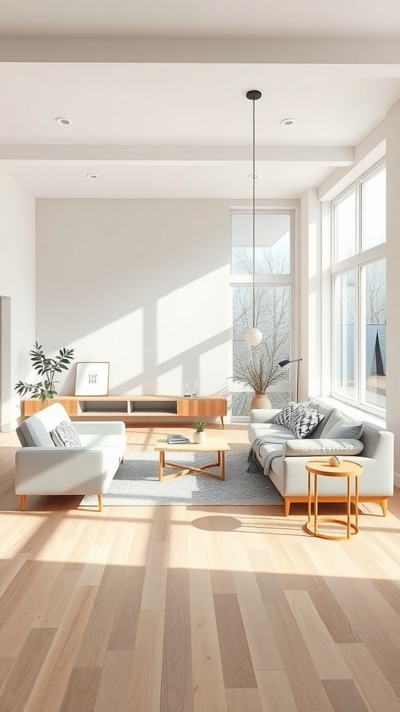 A bright Scandinavian living room with large windows, light wood flooring, and minimalist furniture.