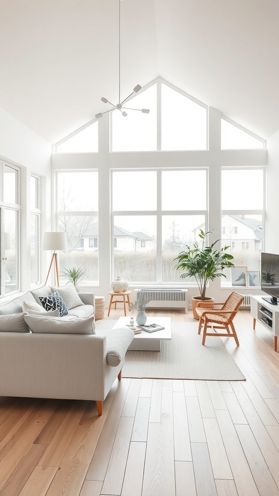 A bright Scandinavian living room with large windows, light-colored furniture, and plants.