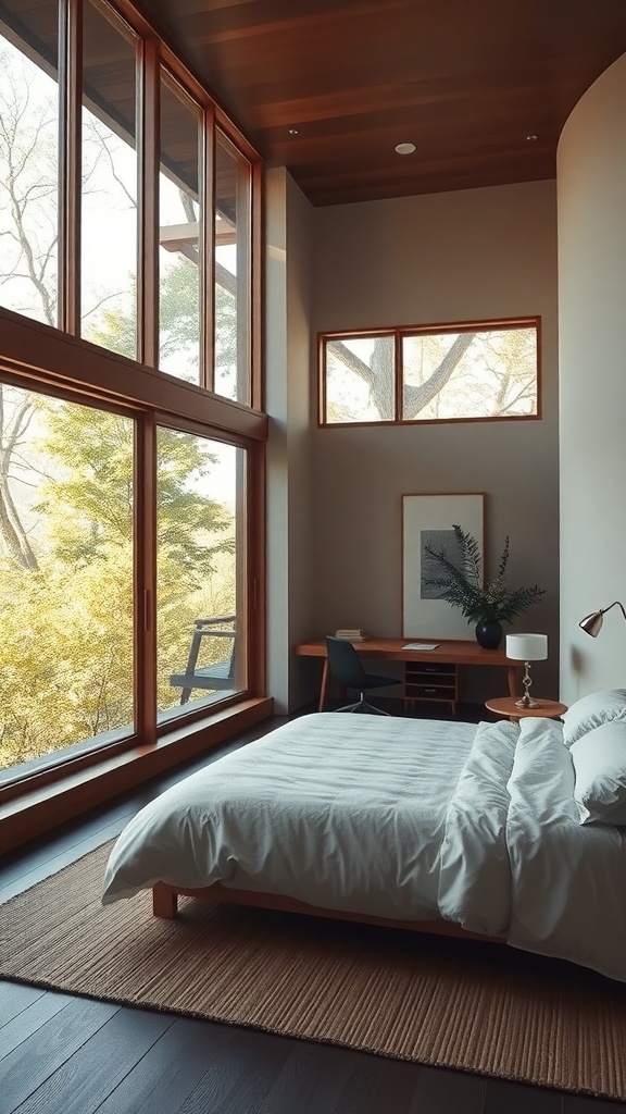A minimalist Japanese bedroom with large windows allowing natural light, featuring a bed, wooden furniture, and a plant.