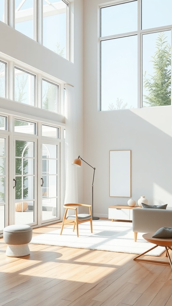 Bright and airy Scandinavian interior with large windows and minimalist furniture.