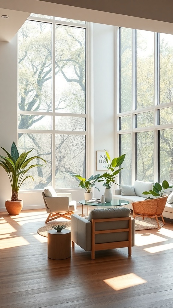 A bright living room with large windows, showcasing a minimalist Japandi style with plants and cozy furniture.