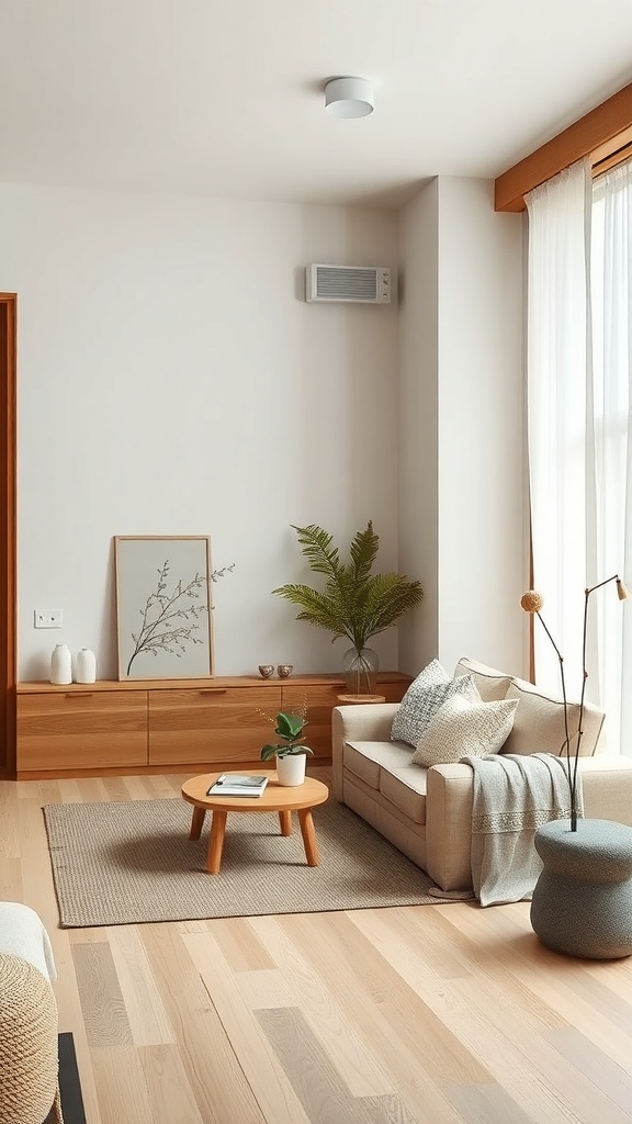 A cozy Japandi-style living room featuring natural materials, light wood furniture, and soft textiles.