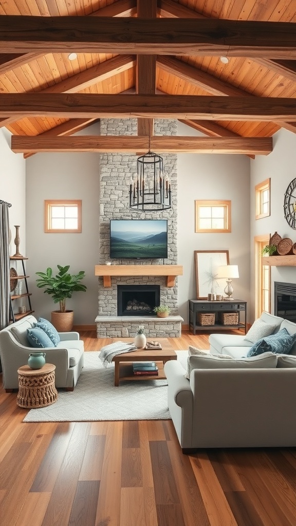 A cozy living room featuring wooden beams, a stone fireplace, and natural decor elements.