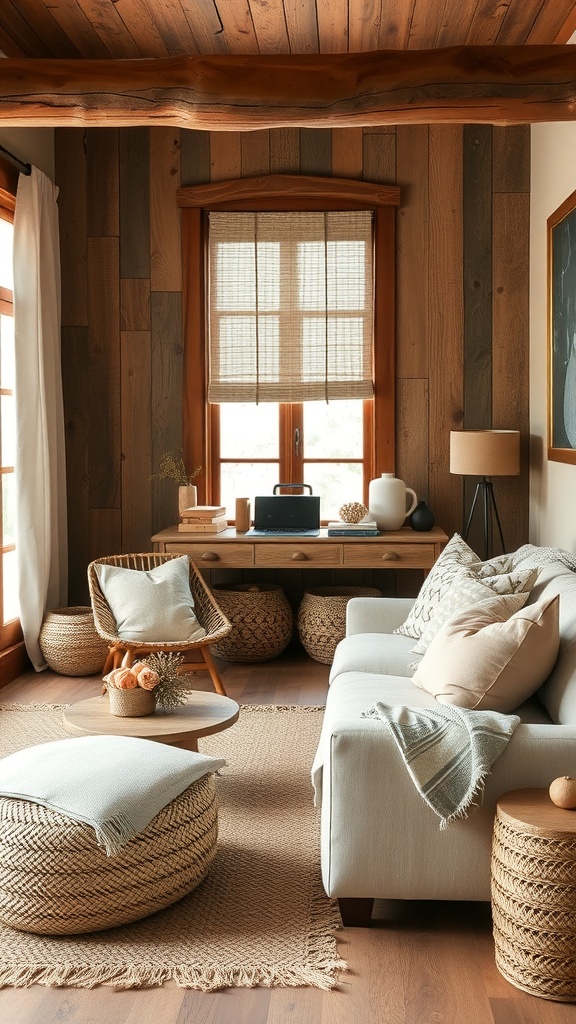 Cozy living room with natural textures, featuring a wooden coffee table, woven poufs, and a jute rug.
