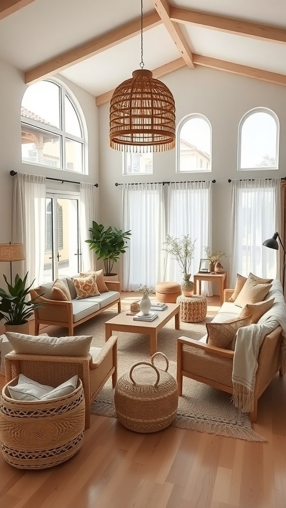A cozy boho living room featuring natural textures, warm wood furniture, and plants.