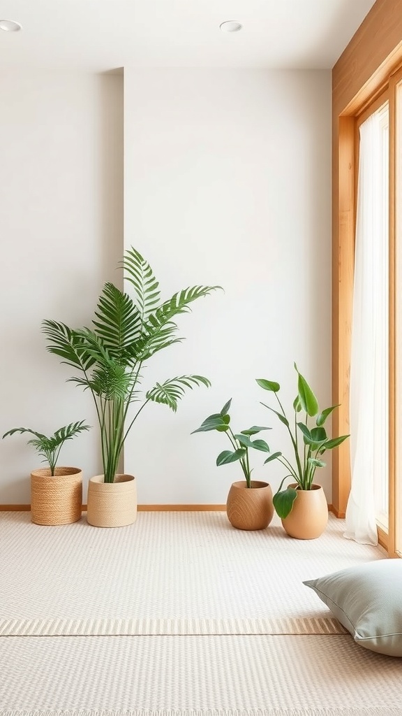 A minimalist Japandi style interior with plants, natural light, and soft textures.