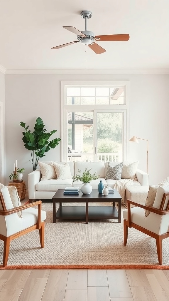 A cozy living room with neutral colors, featuring a white sofa, wooden chairs, and a green plant.