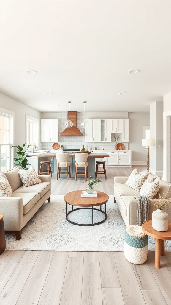 A modern farmhouse living room with neutral color palette featuring beige sofas, wooden coffee table, and light wood flooring.