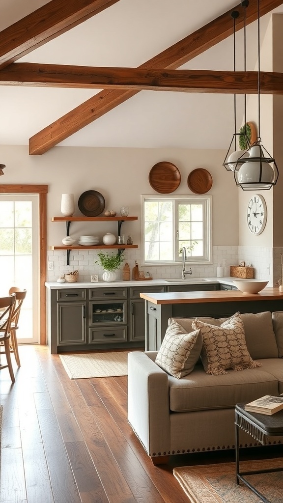 A cozy kitchen featuring open shelving, wooden beams, and a warm color palette.