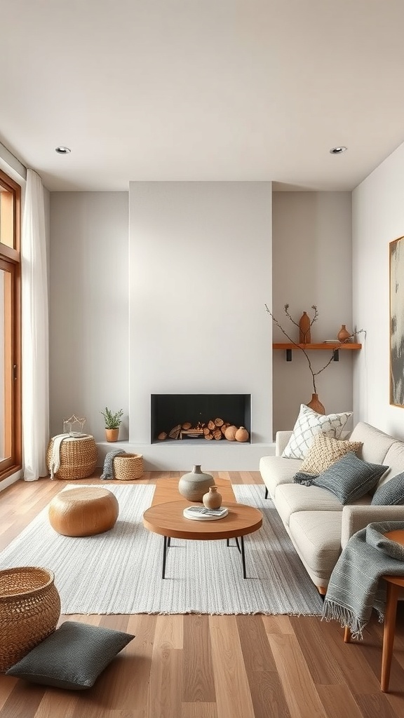 A cozy living room featuring natural wood, soft fabrics, and earthy tones.