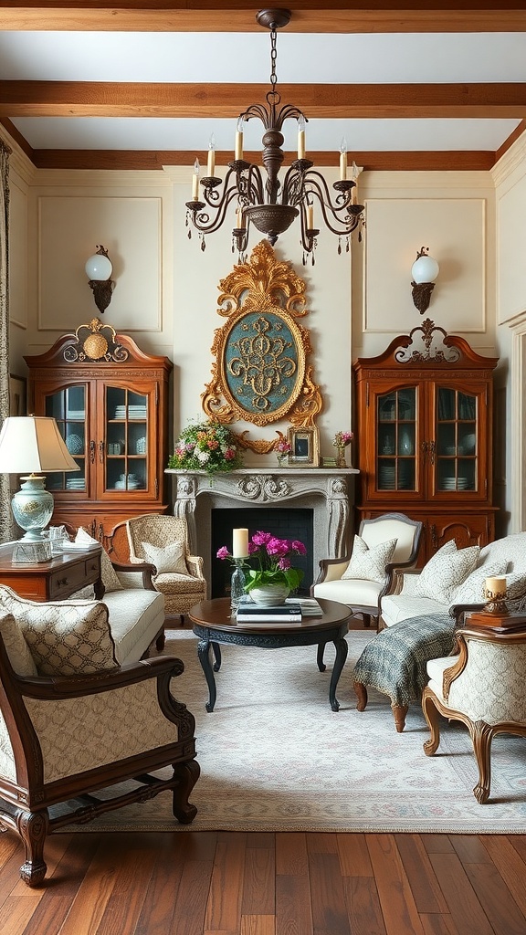 A cozy living room featuring ornate furniture, including a chandelier, wooden cabinets, and plush seating, showcasing Rococo charm in a farmhouse setting.