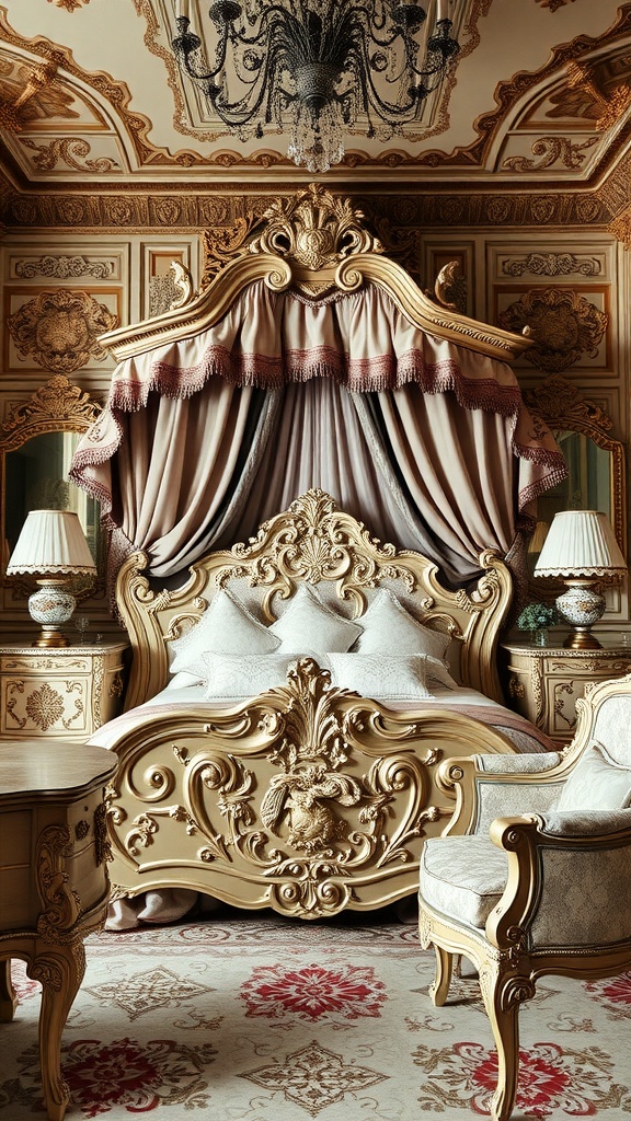 A luxurious Rococo bedroom featuring an ornate bed with a canopy, detailed carvings, elegant seating, and a chandelier.