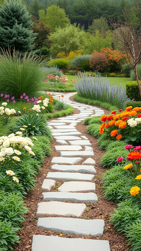 A winding stone pathway surrounded by colorful flowers and greenery.