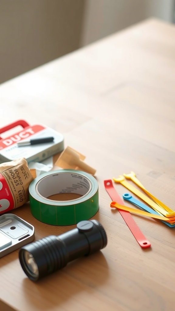 An assortment of emergency repair tools including a flashlight, duct tape, green tape, and zip ties on a wooden surface.