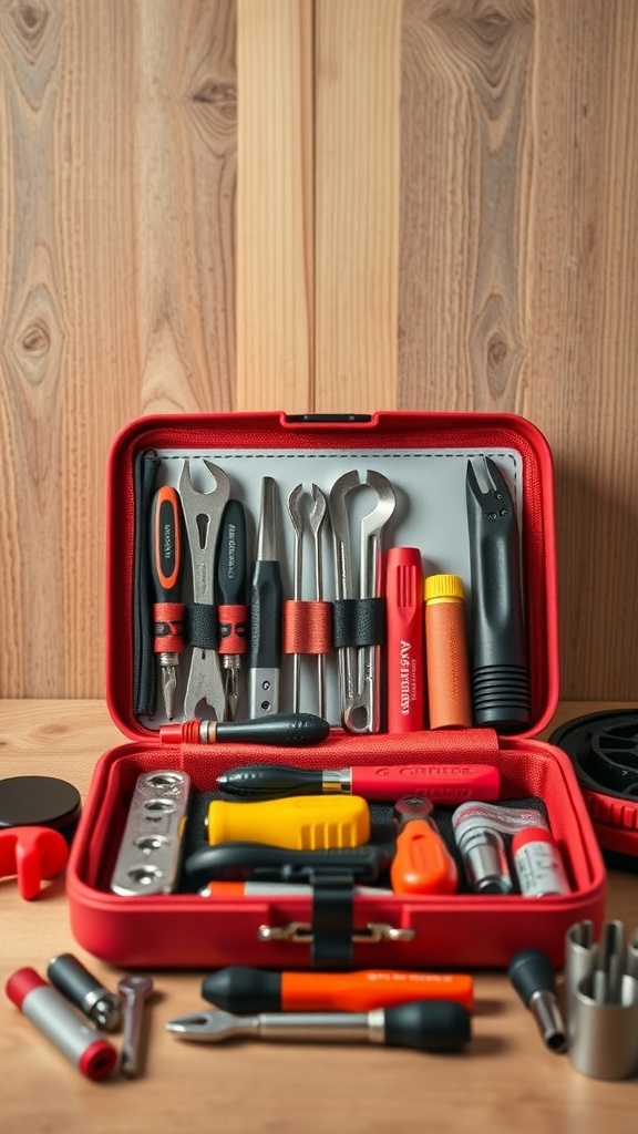 A red toolkit filled with various hand tools, including pliers, screwdrivers, and wrenches, displayed on a wooden surface.