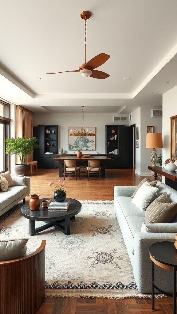 A cozy Japandi living room featuring soft sofas, a round coffee table, and warm wooden accents.