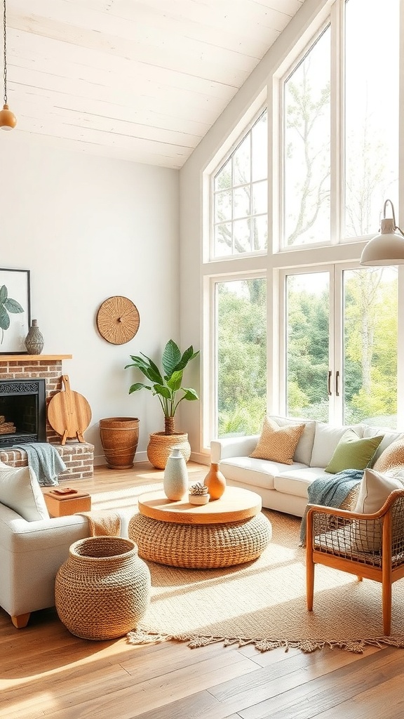 Bright living room with large windows and natural decor.
