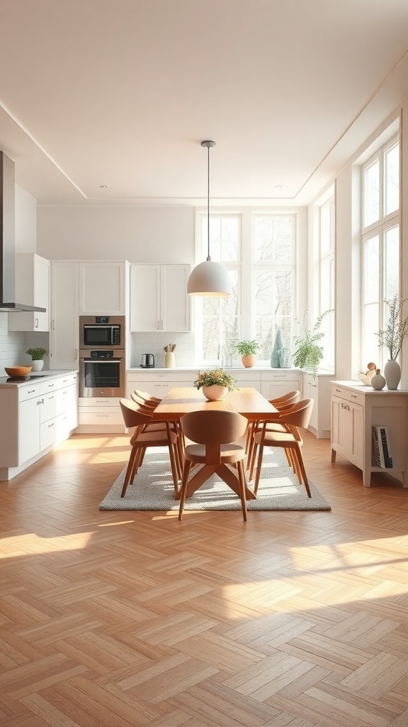 A spacious kitchen and dining area featuring large windows, a wooden dining table, and stylish chairs.
