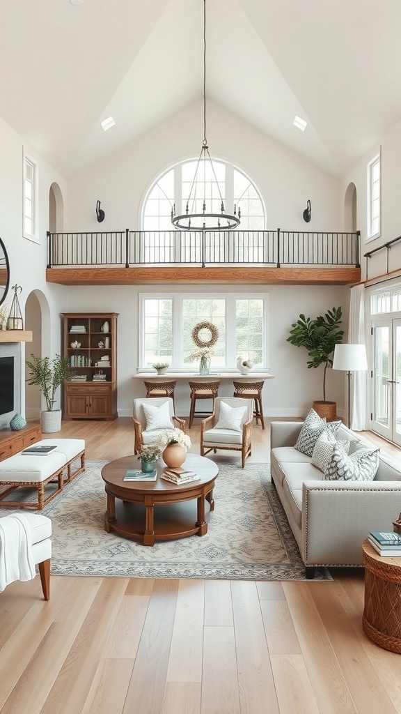 A spacious modern farmhouse living room with high ceilings, large windows, and cozy furniture.