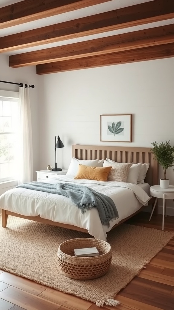 Minimalist farmhouse bedroom with wooden beams, a cozy bed, and simple decor.