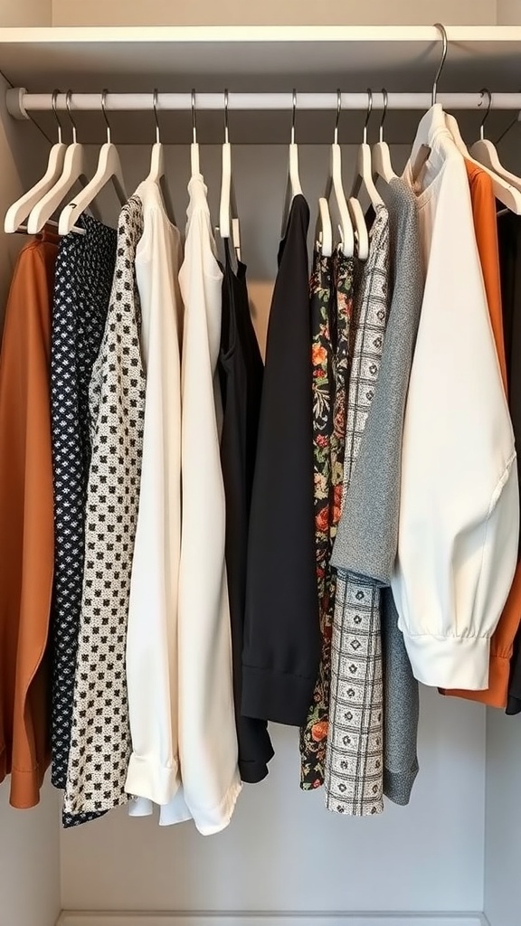 A closet with neatly arranged clothes on slim hangers.