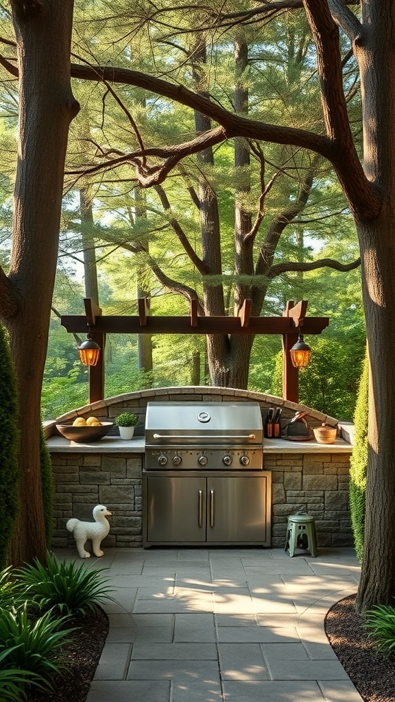 A serene outdoor grill corner surrounded by trees, featuring a stainless steel grill, stone countertop, and hanging lanterns.