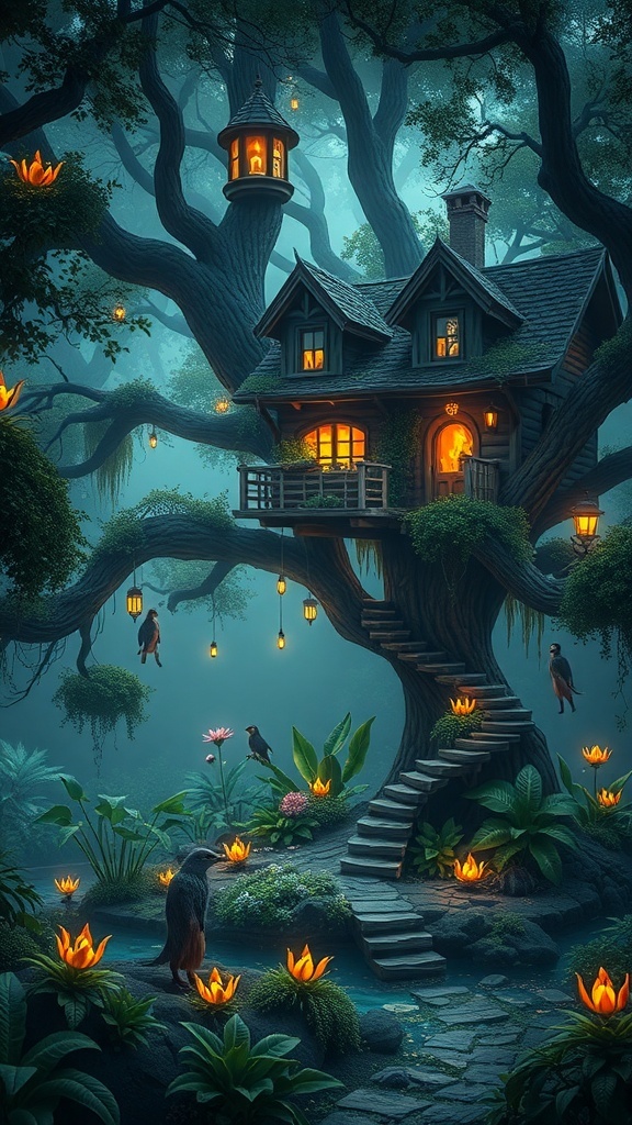 A magical treehouse in an enchanted forest, surrounded by glowing flowers and lush greenery.
