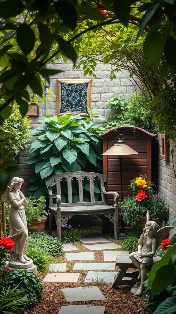 A serene garden nook with a wooden bench, decorative statues, and vibrant flowers.