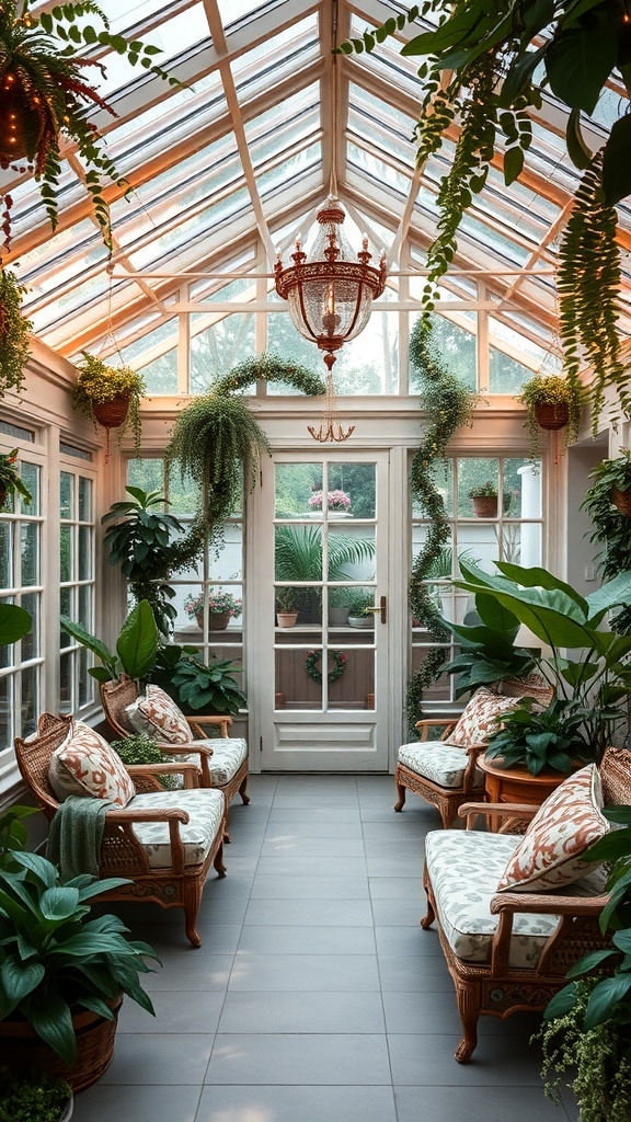A cozy conservatory filled with plants, wicker chairs, and a chandelier.
