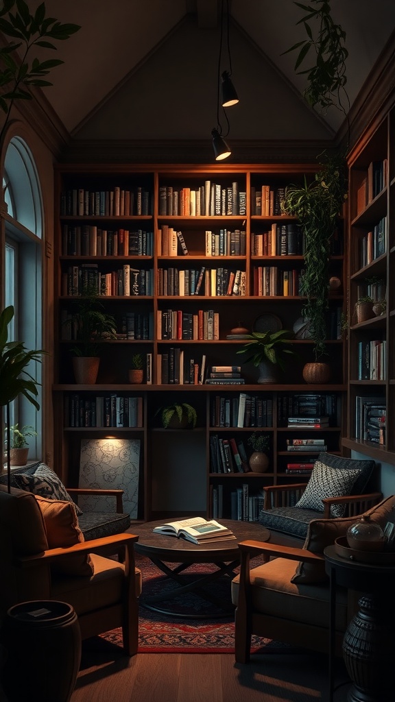 A cozy reading nook with wooden shelves filled with books, comfortable chairs, and plants, illuminated by soft lighting.