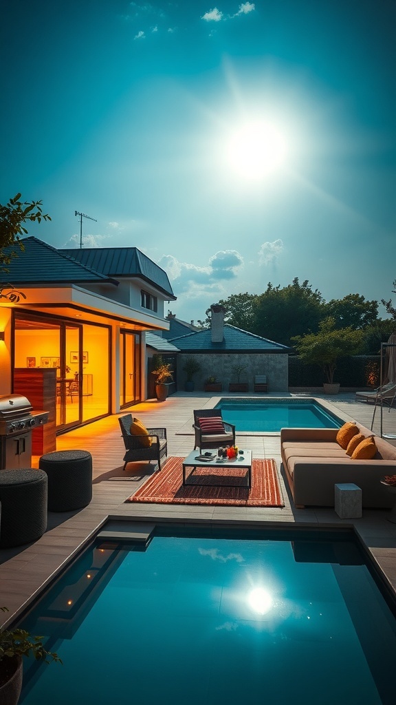 Gemütlicher Außenbereich mit Pool und energieeffizienter Beleuchtung