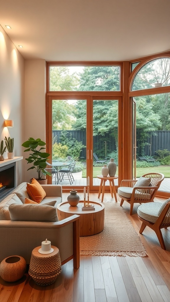 Ein moderner Wohnraum mit großen Fenstern, nachhaltigen Möbeln und sanfter Beleuchtung.