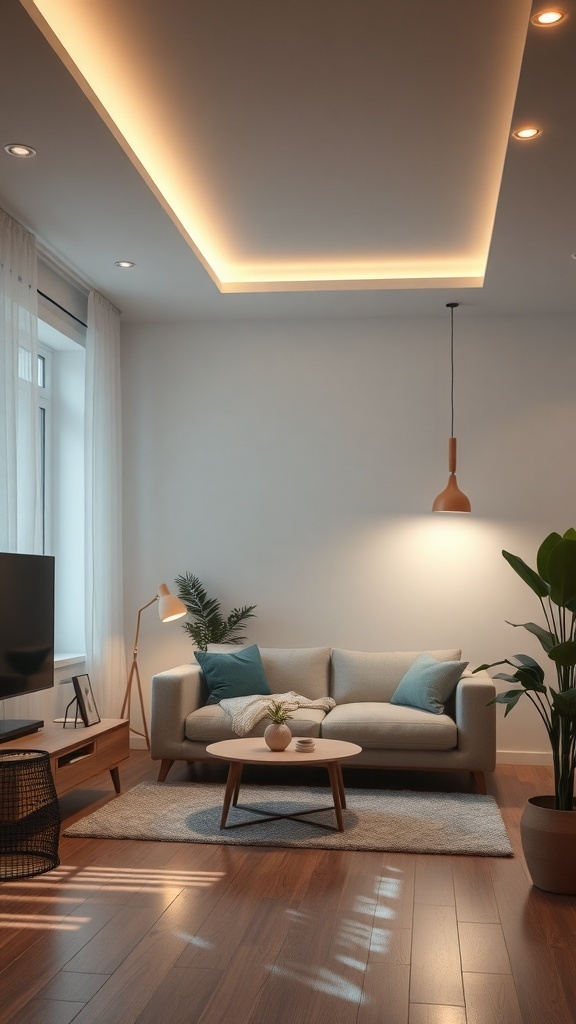 Ein modernes Wohnzimmer mit energieeffizienter Beleuchtung, das eine gemütliche Atmosphäre ausstrahlt.