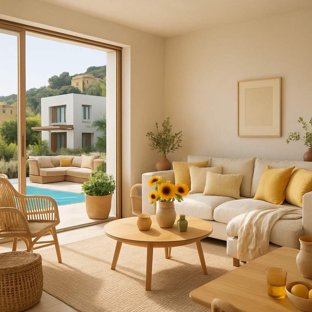 Modernes Wohnzimmer mit großen Fenstern, hellen Farben und nachhaltigen Möbeln.