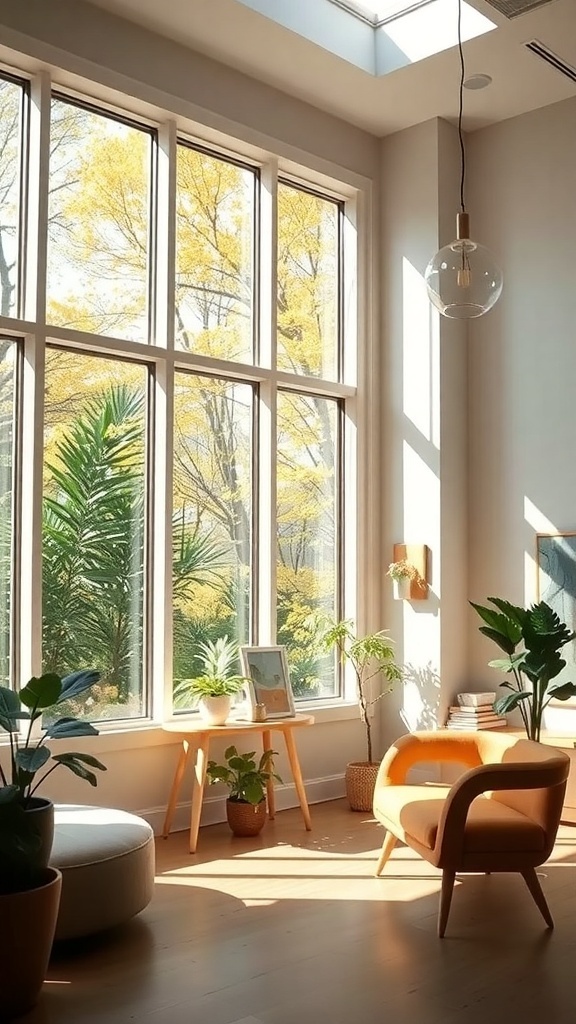 Heller Wohnraum mit großen energieeffizienten Fenstern und vielen Pflanzen