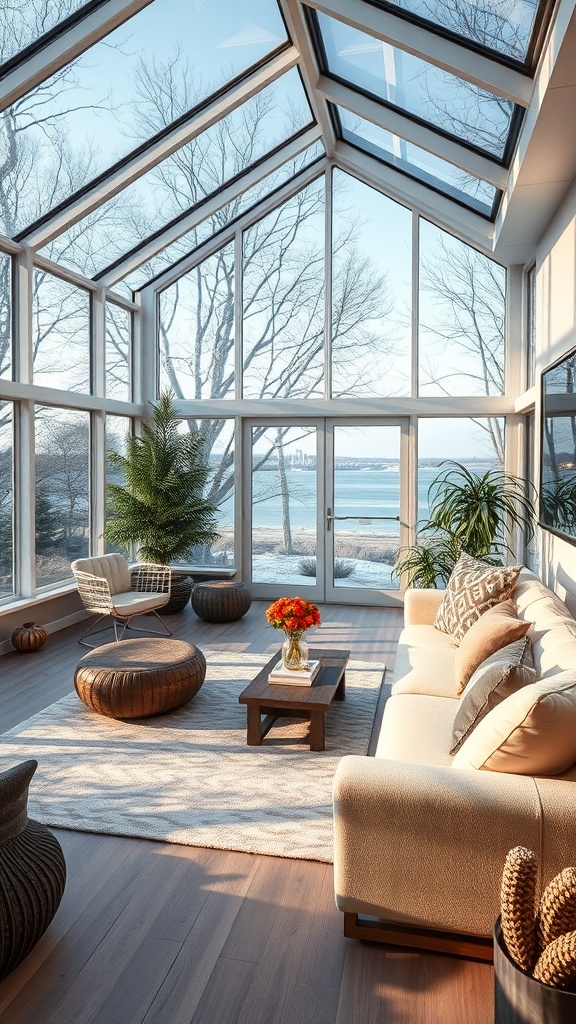 Heller Wintergarten mit großen energieeffizienten Fenstern und Blick auf die Natur.
