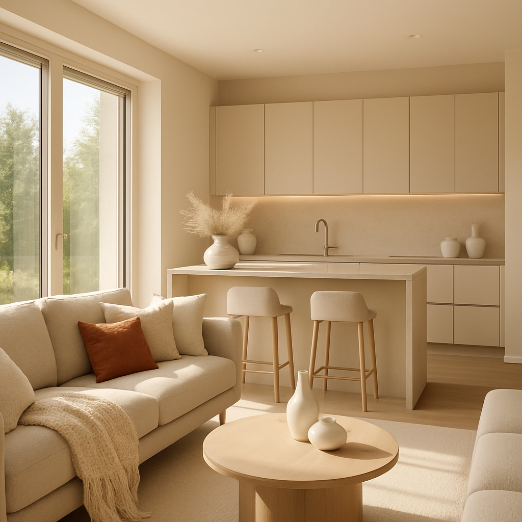 Helle, moderne Küche mit großen energieeffizienten Fenstern und stilvollem Interieur