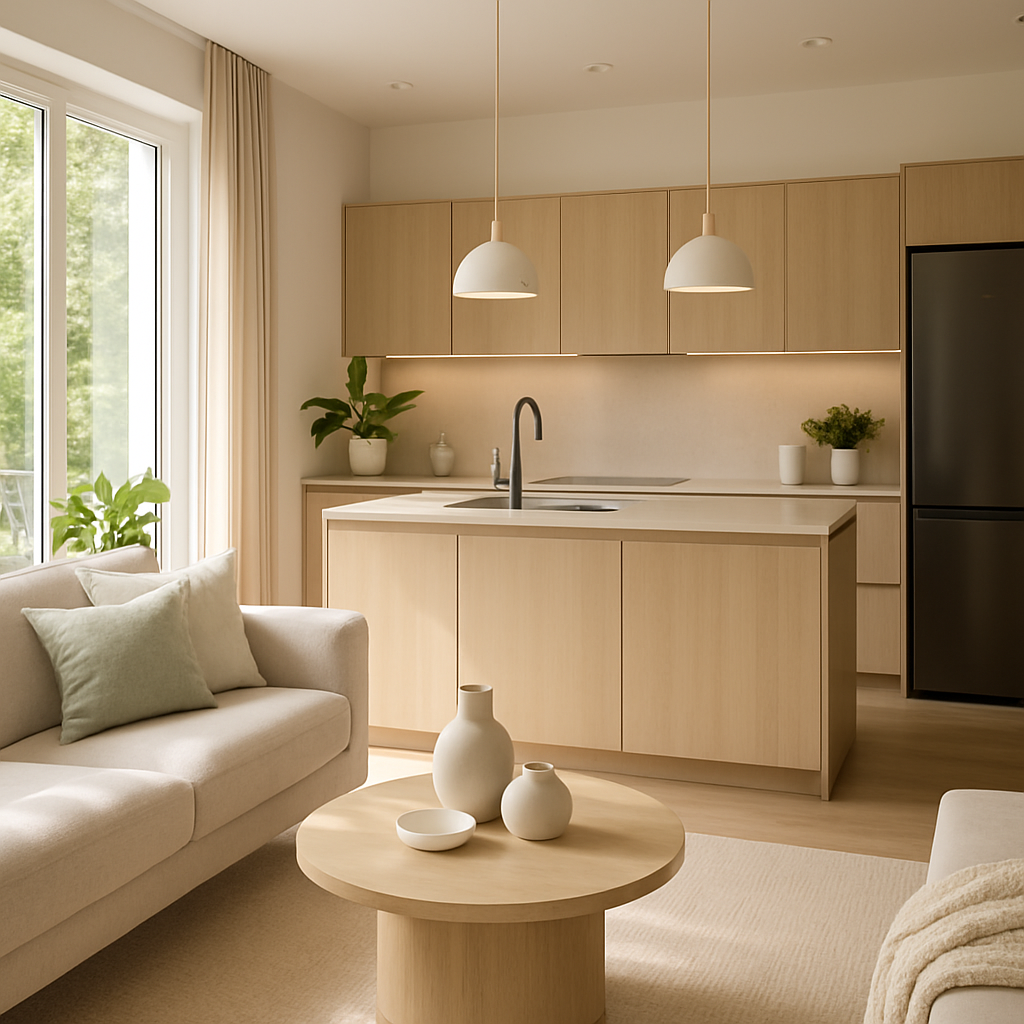 Moderne Küche mit hellen Holzmöbeln und energieeffizienten Geräten