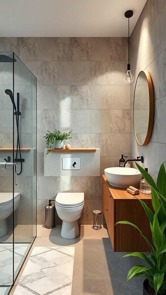 Modernes Badezimmer mit Badewanne, Waschbecken und großen Fenstern