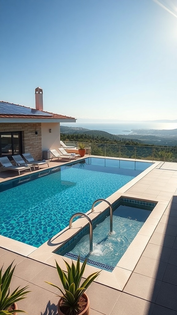 Ein moderner Pool mit Solarpanelen auf dem Dach und einer schönen Aussicht