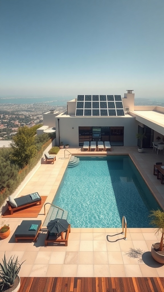 Ein moderner Naturpool mit Solarpanelen auf dem Dach und einem schönen Ausblick.