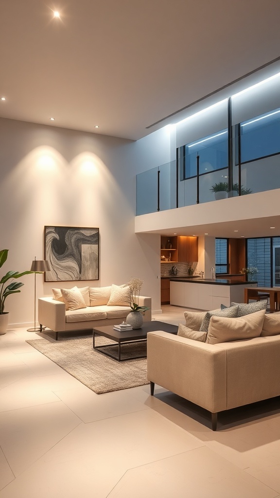 A modern living room with energy-efficient lighting, showcasing a cozy and stylish design.