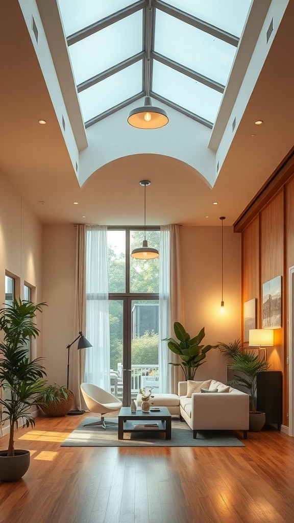 Bright living room with large windows, energy-efficient lighting, and indoor plants.