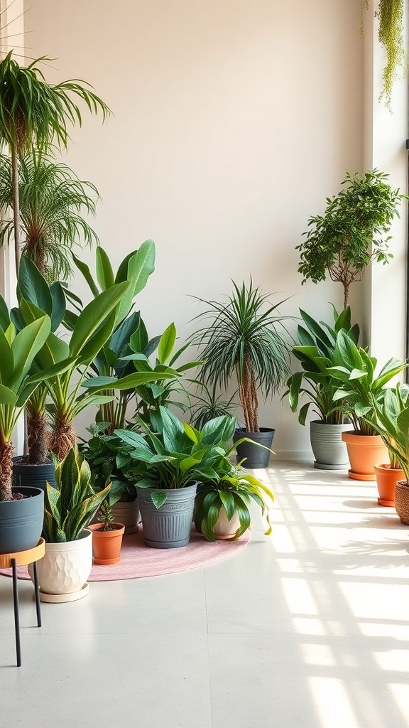 A variety of indoor plants in pots arranged in a bright room, enhancing air quality and creating a natural atmosphere.